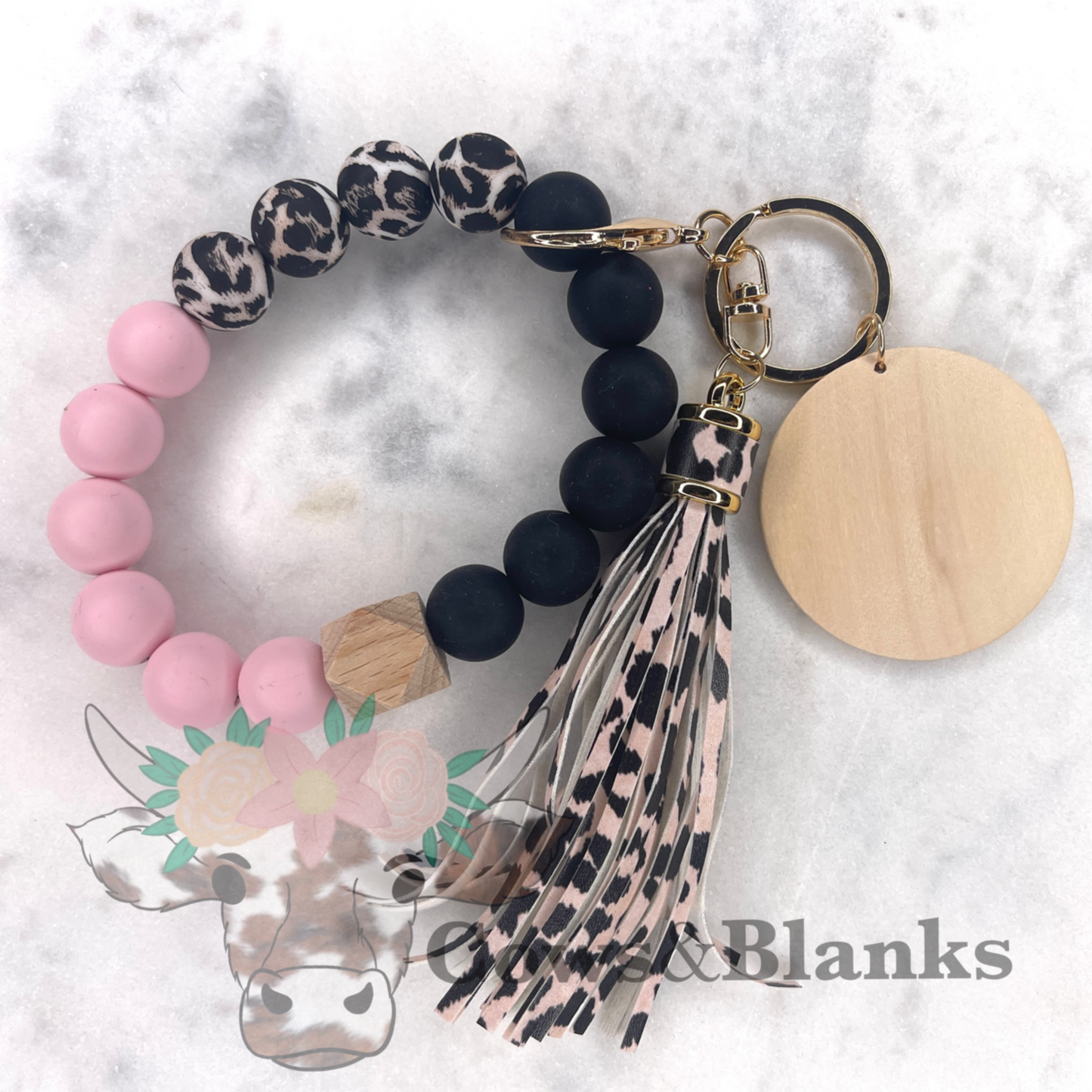 Leopard Accent Silicone Beaded Wristlet Bracelet Keychain