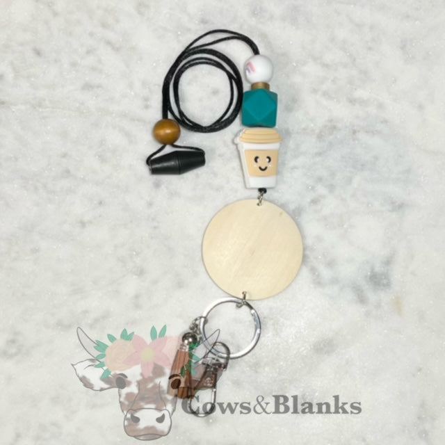 COFFEE LOVER SILICONE AND WOODEN BEAD BREAKAWAY TEACHER LANYARD ID BADGE HOLDER WITH TASSEL ANE DISC