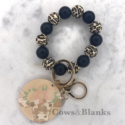 BOHO LEOPARD ACCENT SILICONE BEADED WRISTLET BRACELET WITH WOODEN DISC