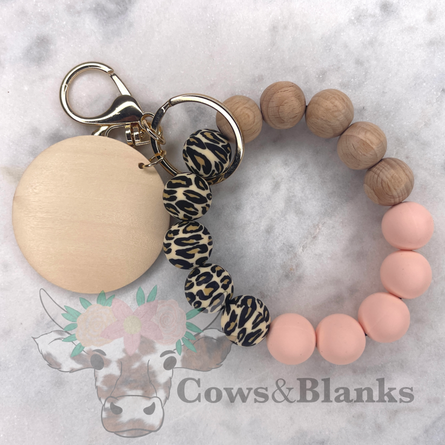 BOHO LEOPARD ACCENT SILICONE BEADED WRISTLET BRACELET WITH WOODEN DISC