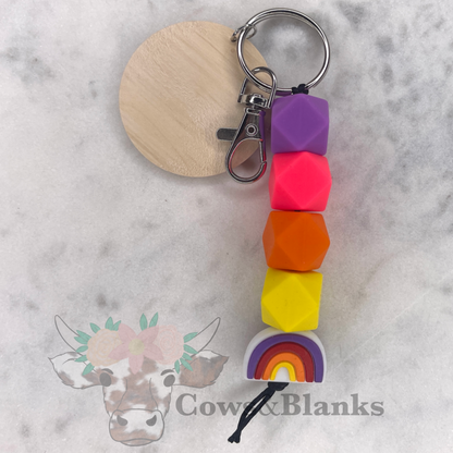 Rainbow Silicone Keychain with Wooden Disc