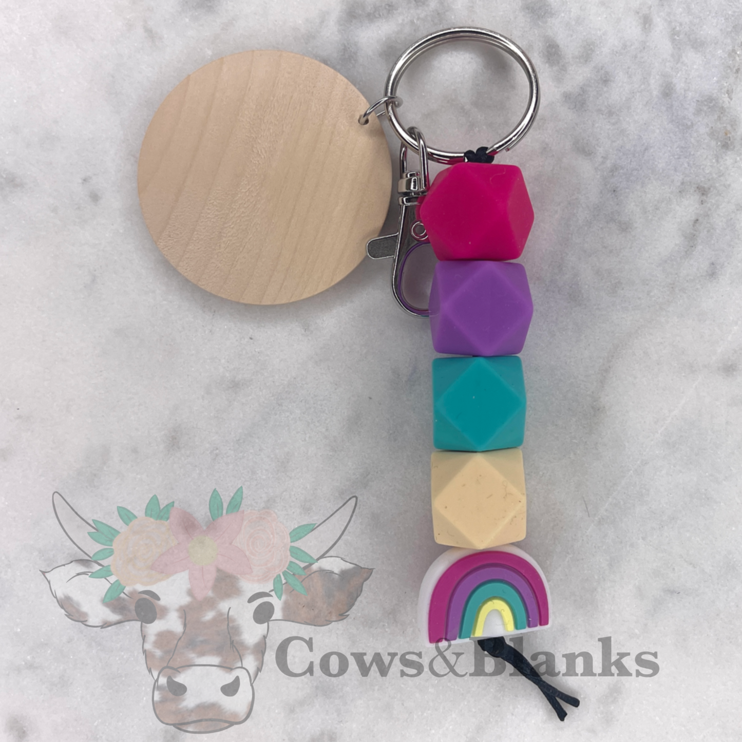 Rainbow Silicone Keychain with Wooden Disc